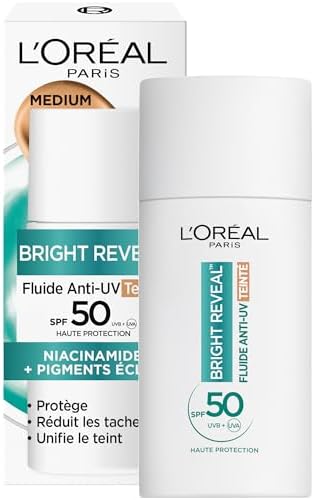 L'Oréal Paris Bright Reveal - Fluido anti-UV, SPF 50, tinta media, Niacinamide, 50 ml