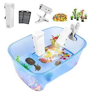 Rypet Baby Turtle Tank Starter Kit - Reptile Terrariums Tortoise Habitat with UV Basking Light Lamp, Water Filter, Rocks, Small Plants, Aquarium Tank for Turtle Frog Hermit Crab Tank Accessories