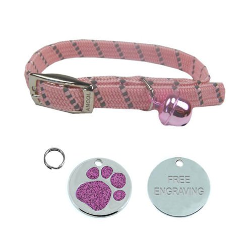 ANCOL-Cat-Pink-Reflective-Elasticated-Softweave-Collar-With-Engraved-Paw-Print-Glitter-Cat-ID-Tag