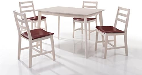 Riana Solid Wood Dining Table Set, White Table 4 Chairs, Kitchen Living Room Family Room | Black Brown Red Seats (Red)