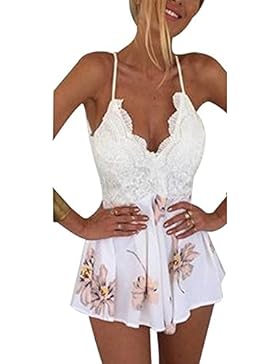 Damen Sexy High Waist Jumpsuit Kurz Overall V-Ausschnitt Rückenfrei Spitze Spleiß Jumpsuit Overall Kurz Hose Spitze...