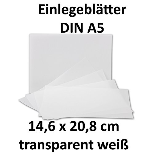 50x Einlege-Papier, transparent-weiß, DIN A5 146 x 208 mm OHNE Falzung (Einfach-Einleger) // hochwertiges Papier mit 92g/m²