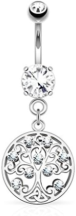 Tree of Life Belly Bar with Clear Jewelled Top Ball