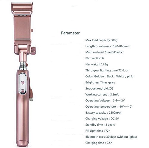 Delmkin Asta per selfie Mini Selfie Stick con luce SelfieÂ â€“Â per tutti i IOS, Android Smartphone, bianco