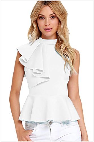 MEINICE Asymmetric Ruffle Side Peplum Top White L