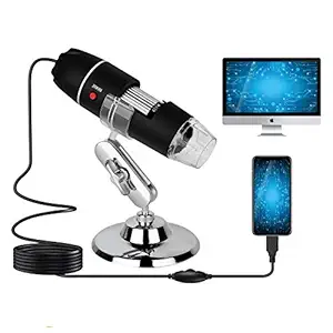Microware USB Digital Microscope,40X to 1000X Magnification Endoscope Mini Camera with 8 LEDs and Microscope Metal Stand,Compatible with Android, Mac,Window 7 8 10 for Kids, Students, Adults (Black)
