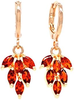 Authentic rose gold plated leaf drop earrings with red marquise gems and black earring box purple jewelry bag (Red)