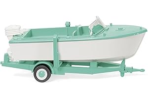 Wiking 009503 Barca a motore su rimorchio bianco segnale/verde menta, modello in miniatura 1:87 - Nessun giocattolo!!