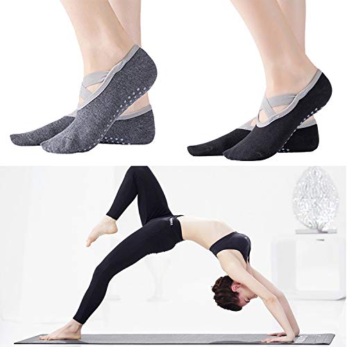 ZoWe 2 Pares Calcetines Yoga, Pilates Calcetines Antideslizantes Mujer pour Yoga, Pilates, Ballet,Fitness Antideslizantes [Negro + Gris]