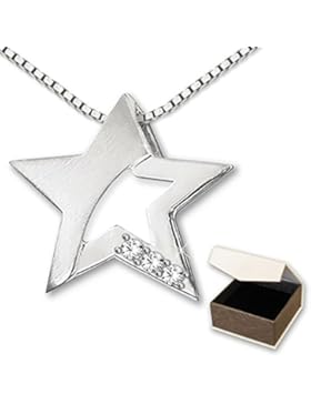 CLEVER SCHMUCK-SET Silberner Anhänger Stern 15 mm seidenmatt und glänzend mit 3 Zirkonias offene Form und Panzerkette...