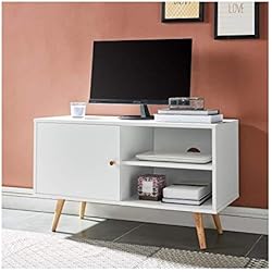 ANNETTE Meuble TV scandinave décor blanc + pieds en bois massif - L 90 cm