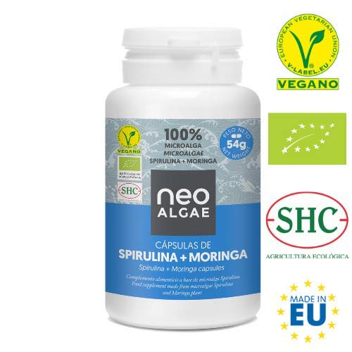 Capsule di Moringa e Spirulina | Effetto Depurativo della Spirulina e Brucia Grassi della Moringa | Ecologica al 100% | Capsule dimagranti naturali | 120 capsule per contenitore da 350 mg