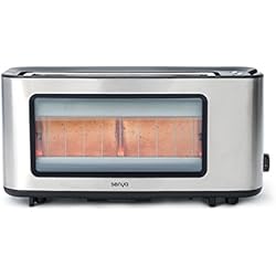 Senya SYBF-T006S grille-pain Inox et verre Toast Perfect, longue fente extra large pour baguette, pince à toast en bois fourni, fenêtre transparent avec corps en Acier Inoxydable, 1200W
