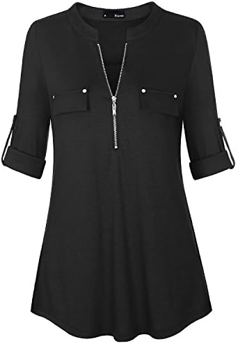 Miurus Tunic Tops For Leggings For Women, Fashion V-Neck Tunic Blouses For Work Medium Black Roll-Up Cuffed Sleeve Zip Up Casual Tunic Shirt