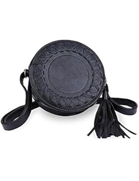 kingken Fashion Mini Rund Quaste Kleine Geldbeutel Umhängetasche mit Schultergurt für Frauen (schwarz)