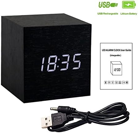Gerhannery Led Alarm Clock Wooden with Rechargeable Built-in Battery Style Time and Temperature Dual Display Digital Alarm Clock with White Led Activated by Touching or Voice Control-Energy Saving
