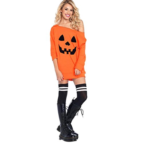 Mounter Robe Automne pour Femme, Dame Solide à Manches Longues Citrouille Print Costume Halloween Fantaisie Au-Dessus du Genou Jupe S-XL (Orange, L)