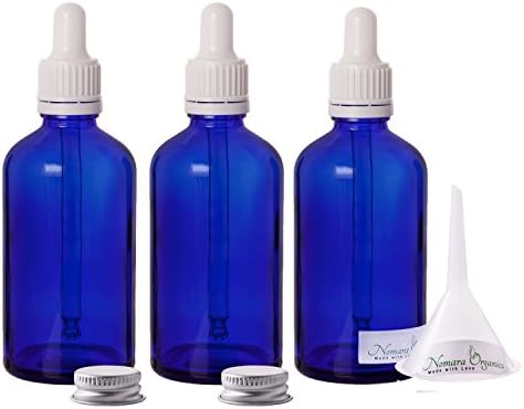 Premium 100ml Glass Leak Proof Dropper Bottles by Nomara Organics - Pack of 3 in Cobalt Blue with Glass White Pipette Droppers + BPA- Free Transfer Funnel &amp; 2 x Leak proof Silver Caps.