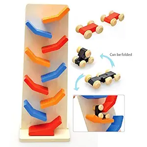IJARP Wooden Slippery Car-Wooden Mini Car Speed Racing Toy-Zig-Zag Drop Game- 8 Slant Permanent Fixed Tracks- Multicolor