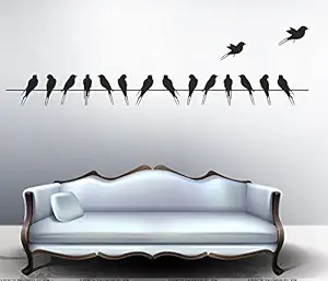 Decals Design Beautiful Long Tail Birds on Wire Wall Sticker (PVC Vinyl, 70 cm x 25 cm, Black)