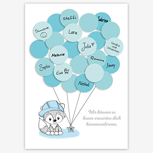 Baby Shower Gastgeschenk, Babyparty Geschenk, Deko, Baby Andenken, Idee, Glückwünsche, Fingerabdruck, Erinnerungsstück, Fuchs, junge, blau