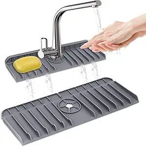 COOLCOLD Bathroom Faucet Sink Splash Guard, Silicone Faucet Handle Drip Catcher Tray, Faucet Water Catcher Mat for Kitchen, Kitchen Countertop Protect (Pack of 1) (Gray, 12.5 x 36.5 cm)
