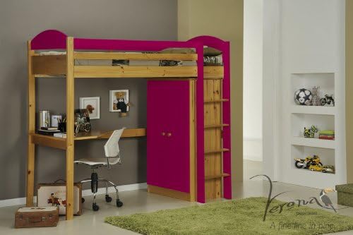 Verona Design Maximus High Sleeper Antique Pine Wood With Tall Boy,Corner Desk,Fuschia Fronts