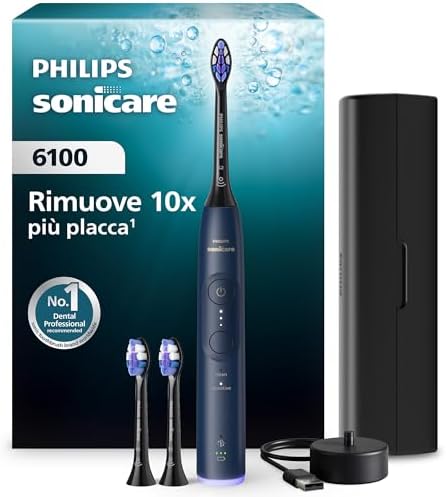 Spazzolino elettrico Philips Sonicare serie 6100 - tecnologia Next Generation Sonicare, sensore di pressione, 6 impostazioni, SmarTimer, BrushPacer, autonomia 21 giorni, custodia, blu navy, HX7403/07