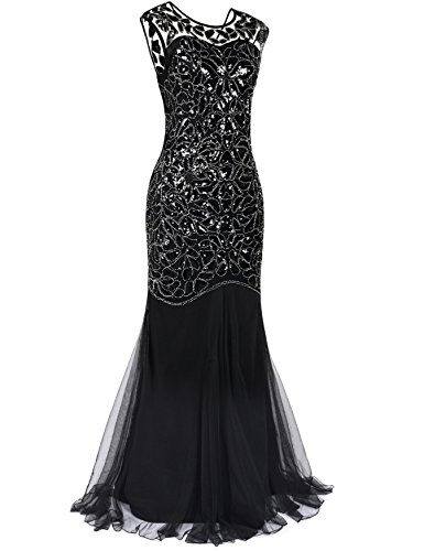 Kayamiya Damen Gatsby Kleid 1920er Perlen Pailletten Maxi Lange Charleston Meerjungfrau Abendkleid 40-42 Meerjungfrau Schwarz - 2