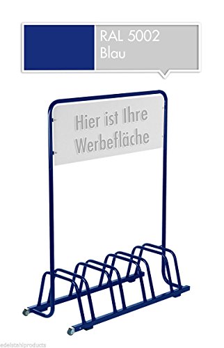 Preisvergleich Produktbild 4er Werbe- Fahrradständer mit Werbeschild / Fahrradhalter +Werbetafel + Rollen (Blau)