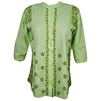 Mogul Interior Ladies Peasant Top Tunic Cotton Hand Embroidered Pleated Blouse Shirt