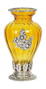 Saudeep India Royal Glass Flower Pot Vase with Antique Oxidized Metal Grapevine Brooch, Border & Base Height 11 Inches Diameter 6 Inch (Yellow)