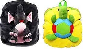 Blue Tree School Bag for Kids Soft Plush Backpack Combo Cartoon Bags Mini Travel Bag for for Girls Boys Toddler Baby (Full Body Elephant & Tortoise)