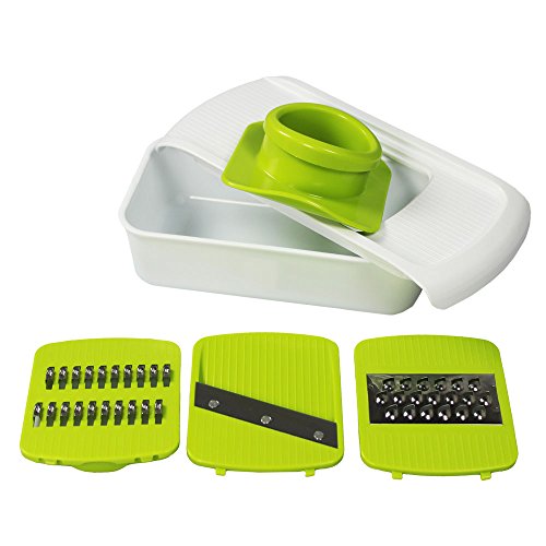 COM-FOUR® Gemüsereibe mit 3 verschiedenen Aufsätzen - Julienne, Raspel, Scheiben (Weiß/Grün)