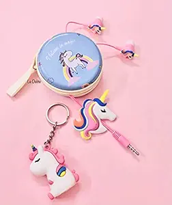 Le Delite Unicorn Cartoon Wired Earphones Gamer Music/ Stereo Earbuds Outdoor Sport Running Headphones Kids|Children Girl Birthday Return Gift case Keychain (Combo 1)