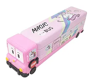 VIKAS GIFT GALLERY Multicolour Cartoon Printed School Bus Matal Pencil Box with Moving Tyres and Sharpner for Kids ( Pink or Blue ) Multicolour