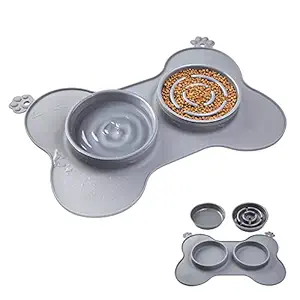 Slow Feeder Dog Bowls 54 Oz, SIMOEFFI Cat Slow Feeder with No Spill Non-Skid Silicone Mat + Pet Water Bowls and Food Slow Feeder Bowls for Feeding Medium Large Dogs Cats Puppies (27 Oz+27 Oz, Gray)