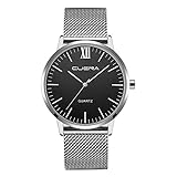 Lucky mall Herren Edelstahl Mesh Armband Uhren Männer Geschäfts Klassisch Analog Quarz Dünn Armbanduhr Gents Luxus Elegant Kleid Schwarz Uhr mit Schwarz Zifferblat