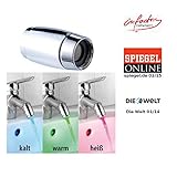 Integrierter Temperatur-Sensor und LEDs für Temperaturbereich: blau (bis 30 °C), grün (30 - 39 °C), rot (über 39 °C) • Erforderlicher Wasserdruck: mindestens 1,5 bar • Maße (Ø x H): 38 x 60 mm, Gewicht: 52 g