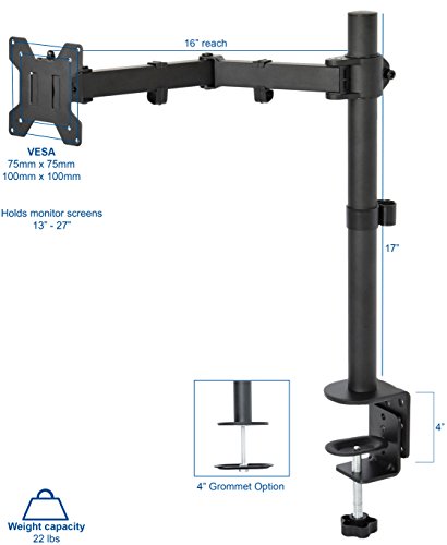 Single LCD Monitor Desk Mount Stand Fully Adjustable/Tilt/Articulating for 1 Screen up to 27