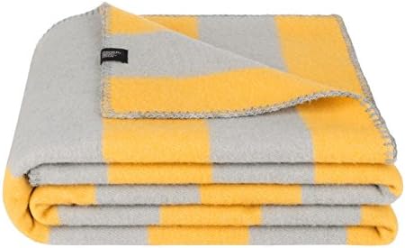 Merino Wool Blanket 100%. Throw blanket for home and camping. Plaid nice for babies children. Twin size 140x200 warm and washable wool blanket. Full size bed sofa. Woolkrafts (Grey,yellow)