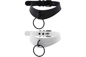 Borsgye 2 Stück Punk Leder Goth Choker Halsband verstellbar Rock PU Leder Choker Halsketten Teen Mädchen Cosplay Schmuck Vintage Halsketten mit Zugkreis - Schwarz und Weiß