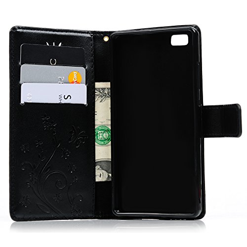 P8 Lite Hülle, Huawei P8 Lite Tasche YOKIRIN Schwarz PU Leder Handytasche Drucken Schmetterling Weinstock Wallet Schutzhülle Kunstlederhülle Taljereep Kredit Kartenfächer Case Book Cover Flipcase - 7