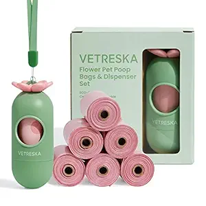 VETRESKA Dog Poop Bag Dispenser with Lavender Scented Dog Waste Bags and 2 Leash Tie, Extra Thick and Compostable Pet Waste Bag, 105 Bags with Unique Flower Shape Dog Poop Bag Holder for Dogs