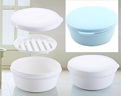 EQLEF porte-savon rond en plastique bleu et blanc avec une couche à sécher portable pour voyage-lot de 2 boîtes à savon rond