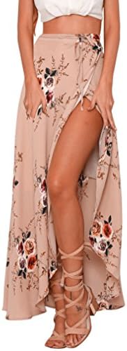 HikongHikong Womens Sexy Summer Casual Boho Chiffon High Waist Floral Print Wrap Beach Cover Up Slit Maxi Long Skirt