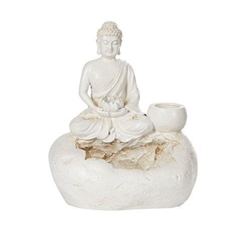 miaVILLA Zimmerbrunnen Buddha mit Teelichthalter Polyresin Weiß Höhe 38 cm - 2