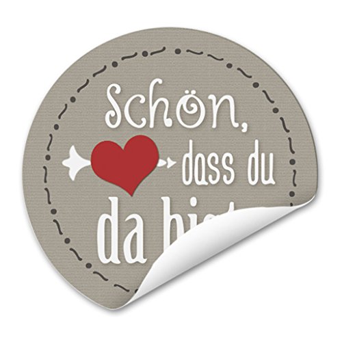 48 Stück Aufkleber Sticker grau mit rotem Herz „Schön, dass Du da bist“, rund 4 cm; Für Geschenktüten, Hochzeit, Geburtstag, Taufe und mehr; 1a-Qualität aus eigener Herstellung - 2