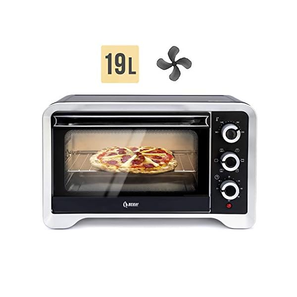 Beleaf Minibackofen 19 L, 1380 Watt mit Timerfunktion, Umluft und Innenbeleuchtung, Drehspieß für 1 Hühnchen, Doppelverglasung, elektrischer Grillofen, Pizza Ofen