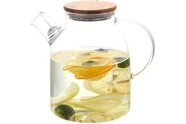 FitsFlair Glass Water Jug with Wooden Lid, Drinking Beverage Pitcher with Cap, 1.8 Litre, Set of 1
